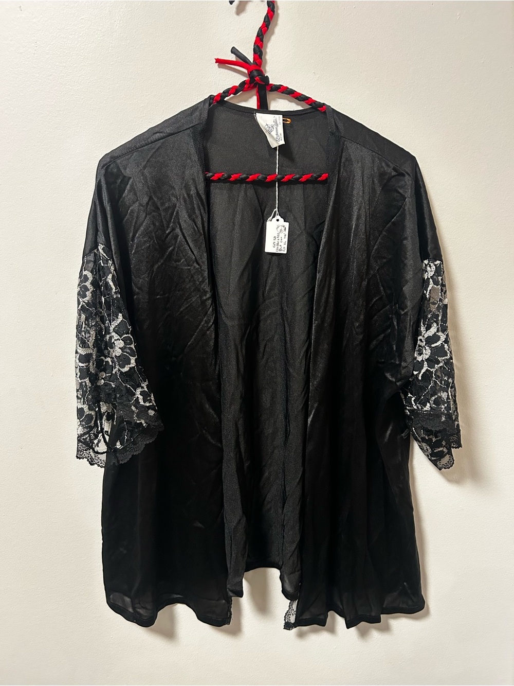 Vintage Black Lace-Sleeve Satin Kimono Robe - Women Intimates & Sleepwear